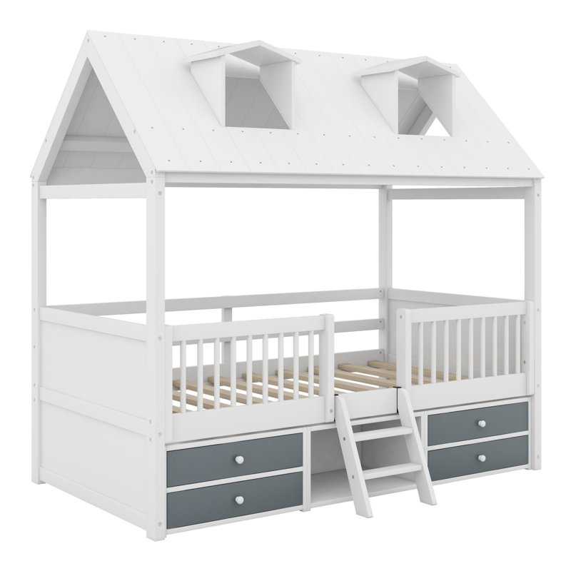 Structure de lit en bois en forme de maison avec garde-corps, White