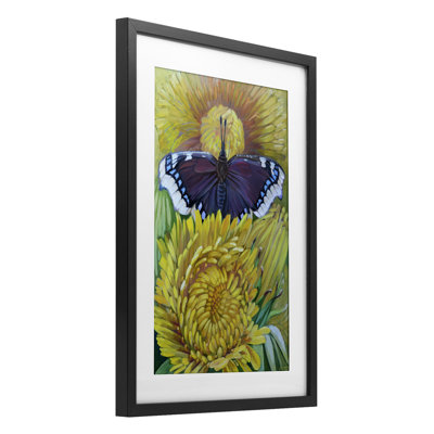 «Butterfly & Yellow Chrysanthemums», reproduction sous verre encadrée, design par Violeta Vollmer