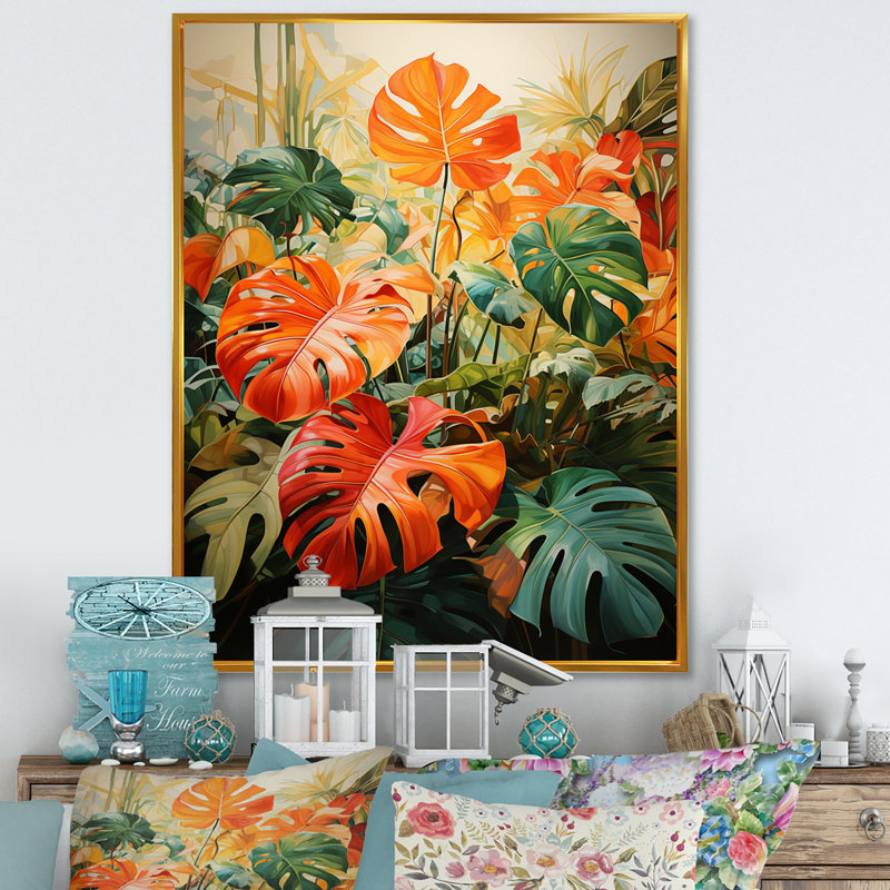 Feuillage tropical orange et vert I, H 32 po x l 24 po x P 1 po, Cadre flottant doré