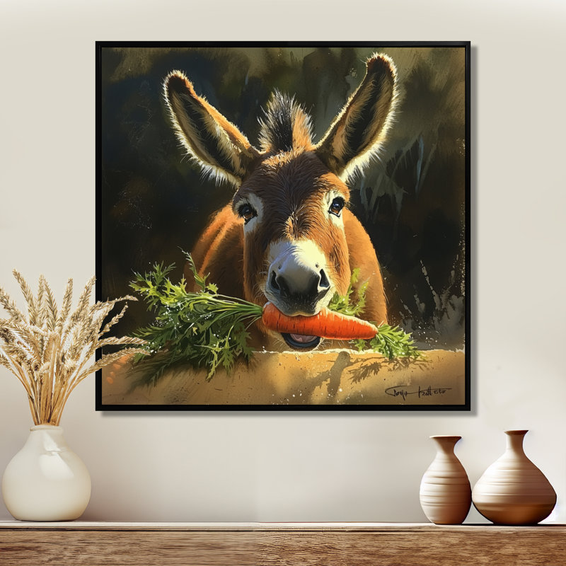 «Whimsical Donkey Carrot» - impression murale d'âne, Reproduction avec cadre flottant, Noir, H 16 po x l 16 po