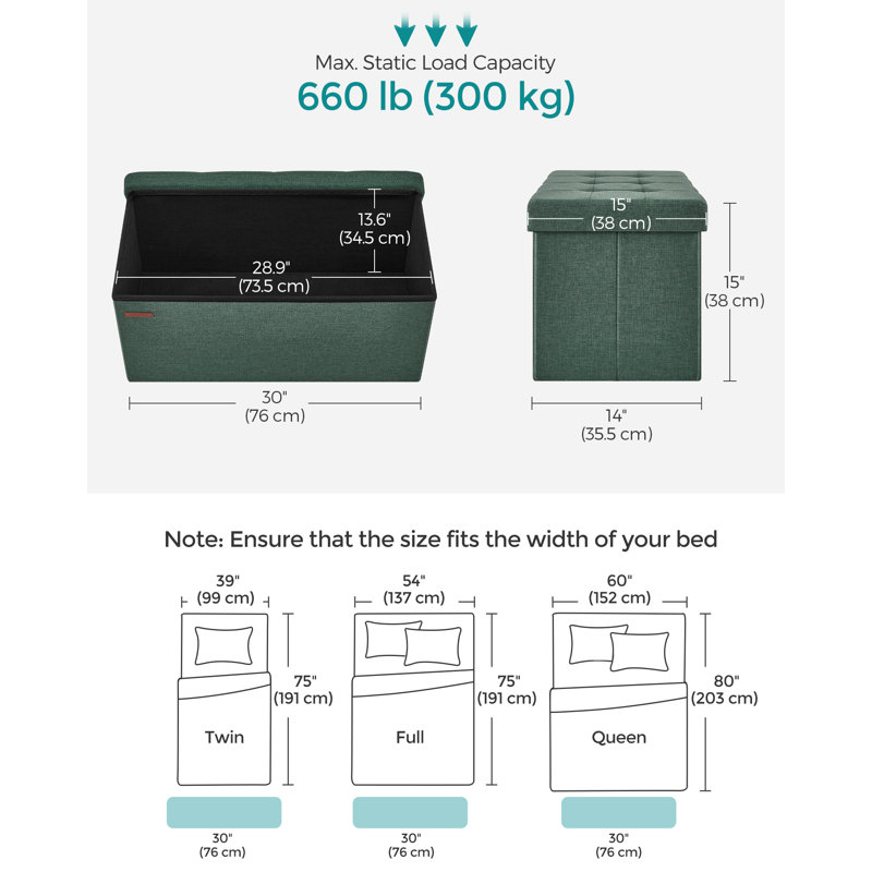 76x38x38cm 76cm Wide Rectangle Solid Colour Footstool Ottoman with Storage, Teal