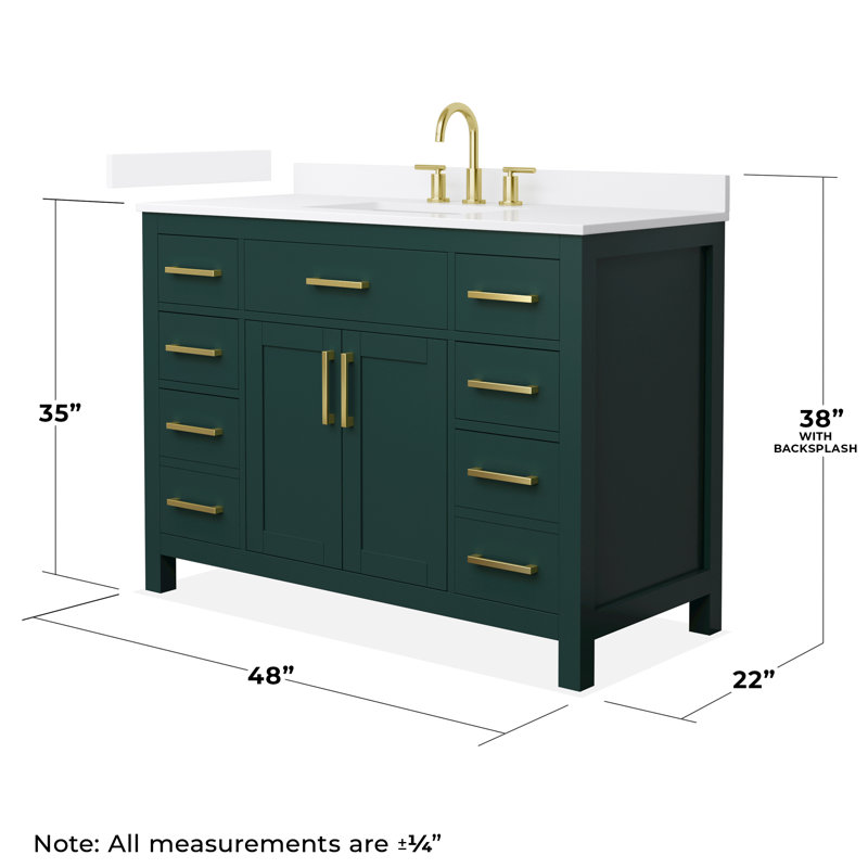 Beckett 48" Freestanding Single Bathroom Vanity with Quartz Top, Green, Brushed Gold, White Quartz