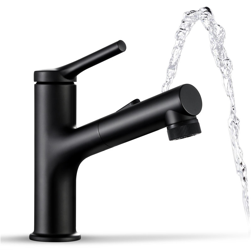 Robinet de salle de bain à un trou avec douchette extractible, robinet de salle de bain à poignée simple, Noir mat