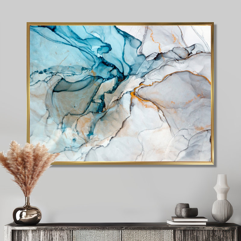 Luxry Blue and Grey Marble Art Ripples - impression sur toile, H 34 po x l 44 po, Reproduction avec cadre flottant, Doré