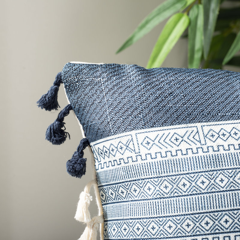 Deep Blue and Gray Geometric Tassel Throw Pillow 16"