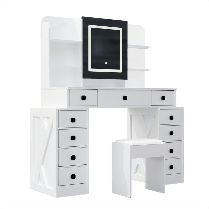 Bureau de coiffeuse de ferme avec miroir coulissant, lumières et station de charge, bureau de table de maquillage avec lumière DEL à intensité variable, table de maquillage de coiffeuse avec tabouret moelleux