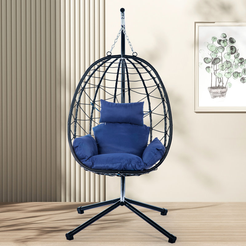 Patio Swing Chair With Stand - Modern Hanging Egg Chair, 100% Handmade, Water For Bistro And Lawn, Navy Blue