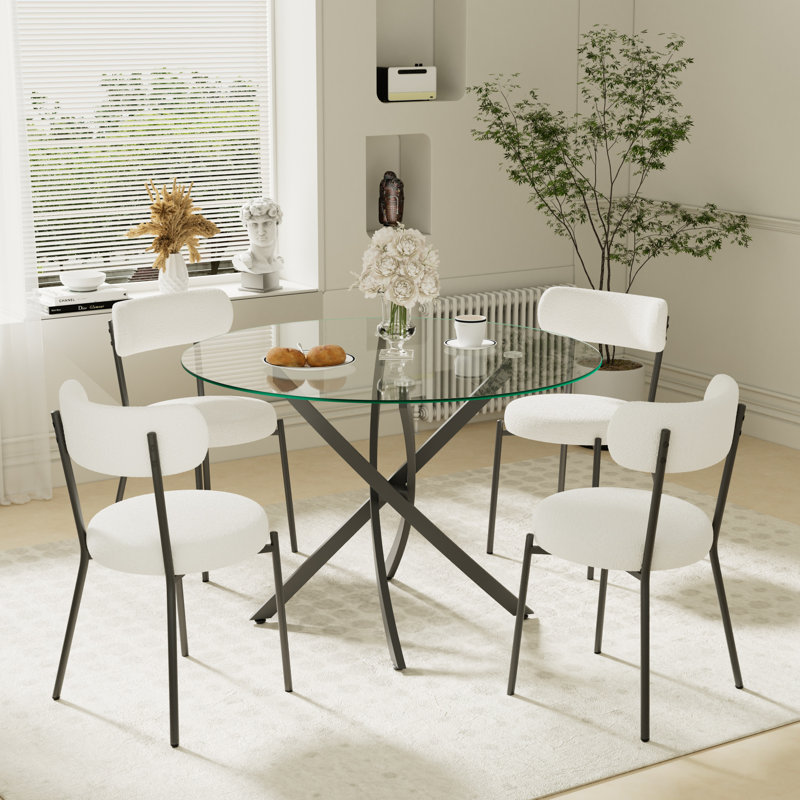 5-Piece Round Glass Dining Table Set, White, 29.5”H x 36”L x 36”W