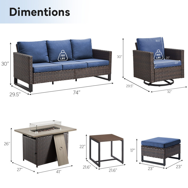 Chaqueta Wicker 7 - Person Patio Conversation Set with Cushions, Blue