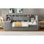 Lit de jour simple rembourré gris avec tiroirs sous le lit, tablettes ouvertes, armoires à plateau rabattable et table d'appoint permettant d'économiser de l'espace pour les salons de petite taille et élégants avec rangement compact idéal-121074345