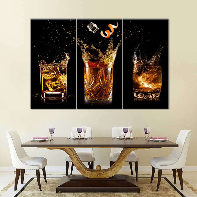 «Splashing Whiskey Glass», impression sur toile tendue 3 pièces, H 24 po x l 38 po x P 1,25 po