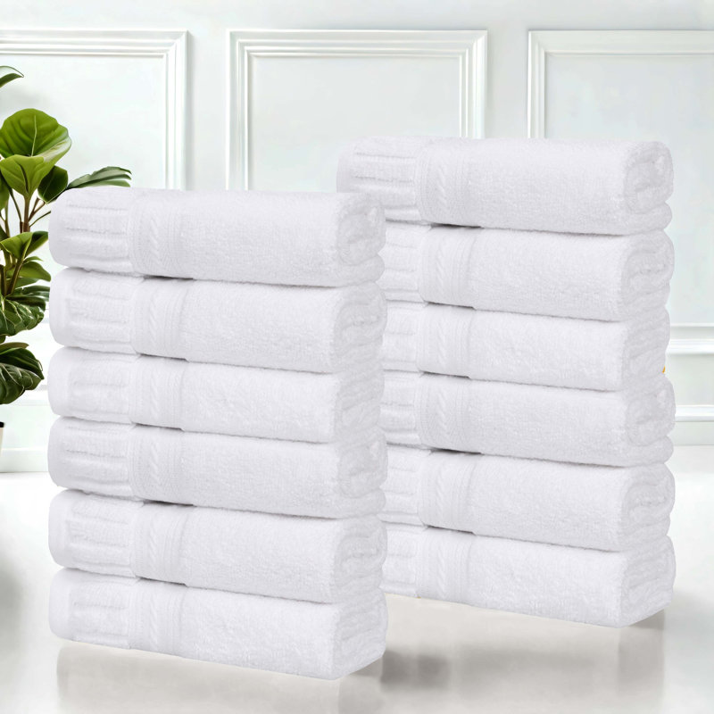 Venice Zero Twist Cotton Medium Weight Soft Absorbent Towel Set, White, Washcloths - 12 Pack