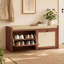 Banc de rangement à chaussures en rotin brun avec coussins rembourrés et 2 placards dissimulés, idéal pour couloir, salon, chambre ou entrée.