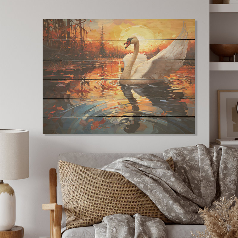 Swans Odyssey Beauty I - cygnes, art sur bois de pin naturel, H 10 po x l 20 po
