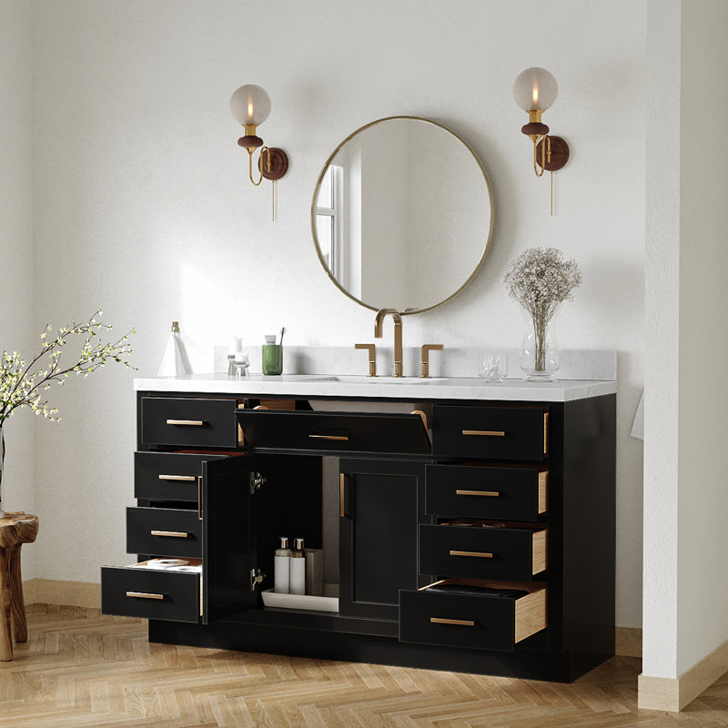 Ensemble de meuble-lavabo simple en bois massif avec plateau en quartz Carrara de 1,5 po Thornaby, Chêne noir