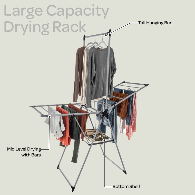 Home-Complete Clothes Drying Rack - 2-Level Laundry Drying Rack with 24 Drying Rails, Hanging Bar, and 2 Height-Adjustable Wings - Indoor/Outdoor Foldable Drying Rack