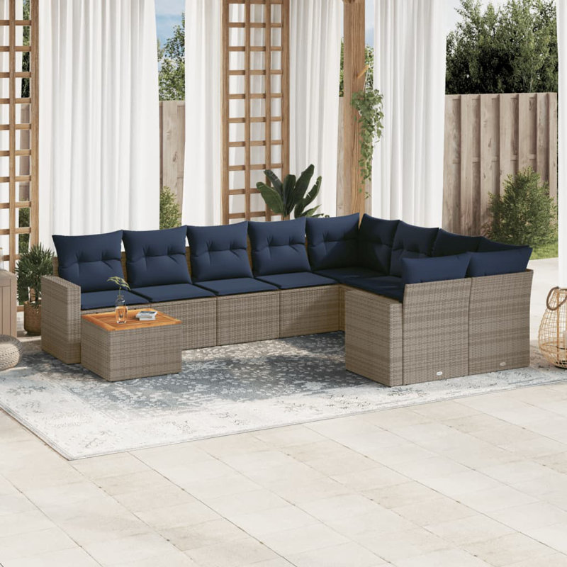 Ensemble de canapé de patio 10 pièces avec coussins en rotin de polyester, Gris, Bleu foncé