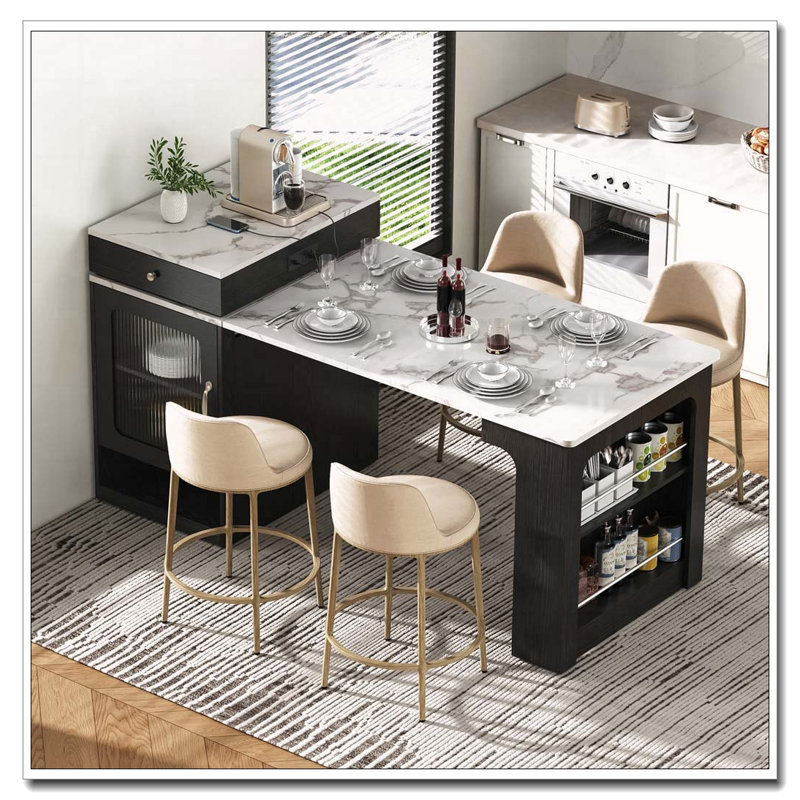 59.5"Kitchen Island With Extendable Dining Table, Kitchen Storage Table With Double-Sided Storage, Kitchen Island With 2 Drawers, Power Outlet, Side Open Shelves, For Kitchen