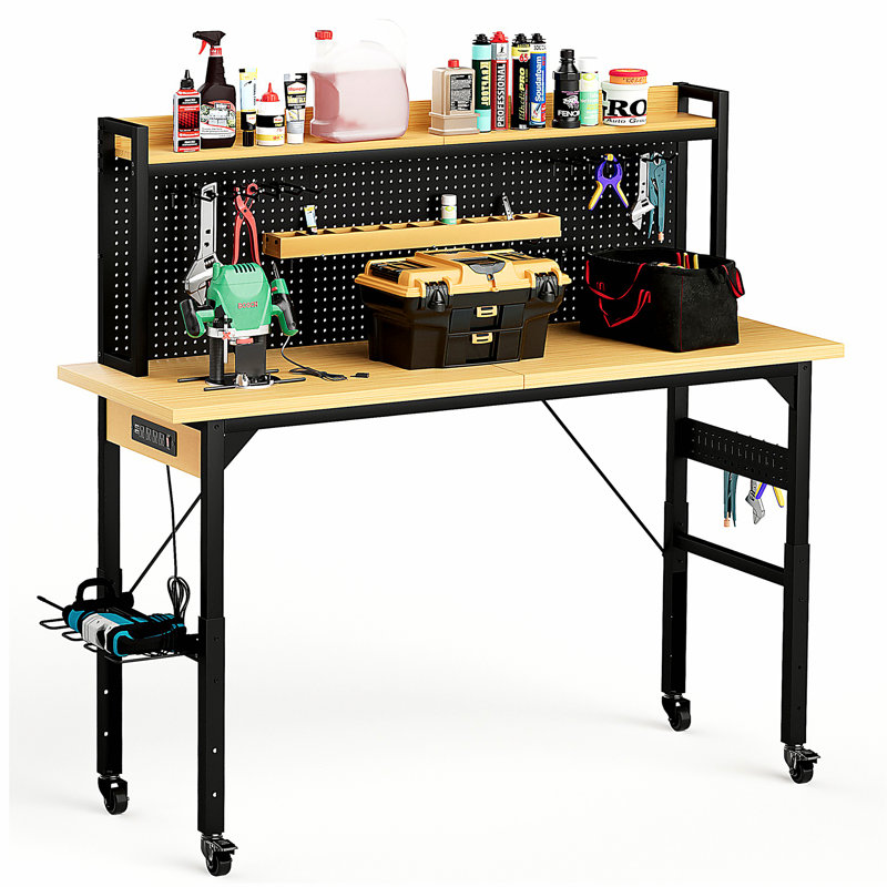 Établi réglable 71 po avec panneau perforé, établi en bois robuste avec roulettes, capacité de charge de 1 600 lb, établi roulant avec prise CA / USB, crochets, tablette, pour garage, atelier, bureau, maison.