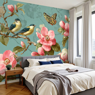 Papier peint adhésif chinois à motif de fleurs roses, oiseaux, papillons, bleu sarcelle, H 100 po x l 144 po, papier peint amovible en PVC autocollant pour chambre à coucher