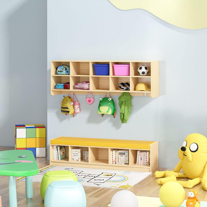 Armoire de rangement murale de classe avec banc, armoire de rangement à compartiments avec siège de rangement