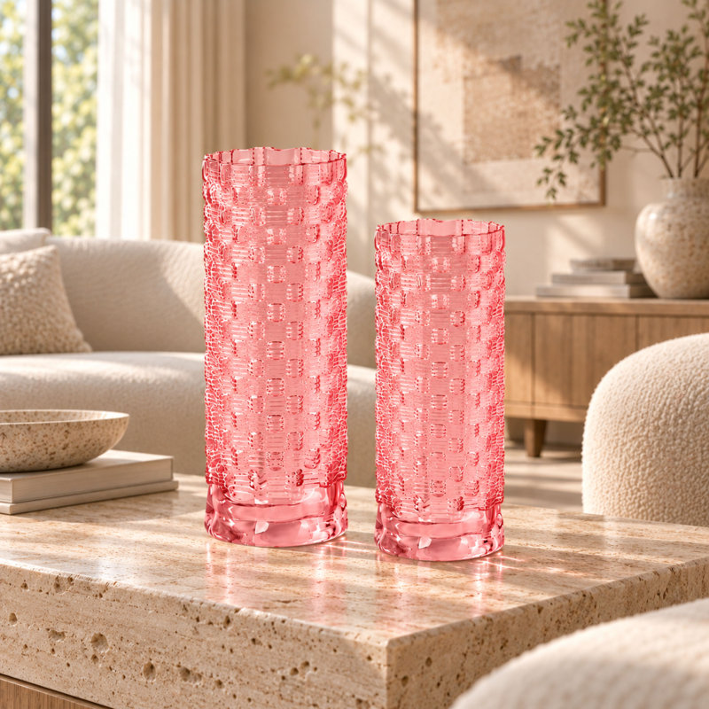 Fleurine, ensemble de 2 grands vases de table en verre texturé dépoli, verre coloré, rose pâle, Rose clair