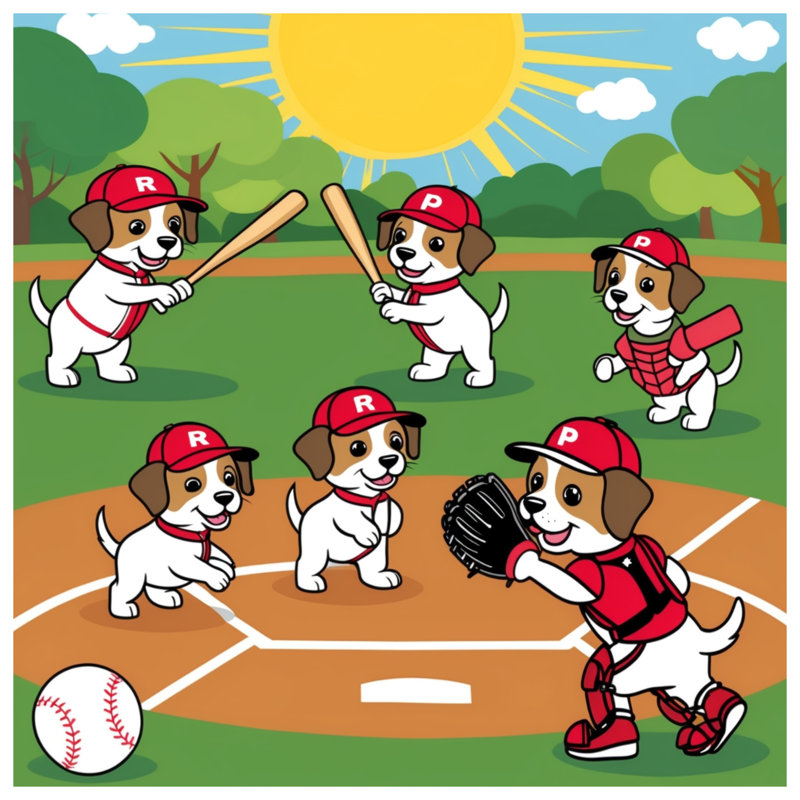 Coussins de dessin animé chiots de baseball, 20 x 20 pouces