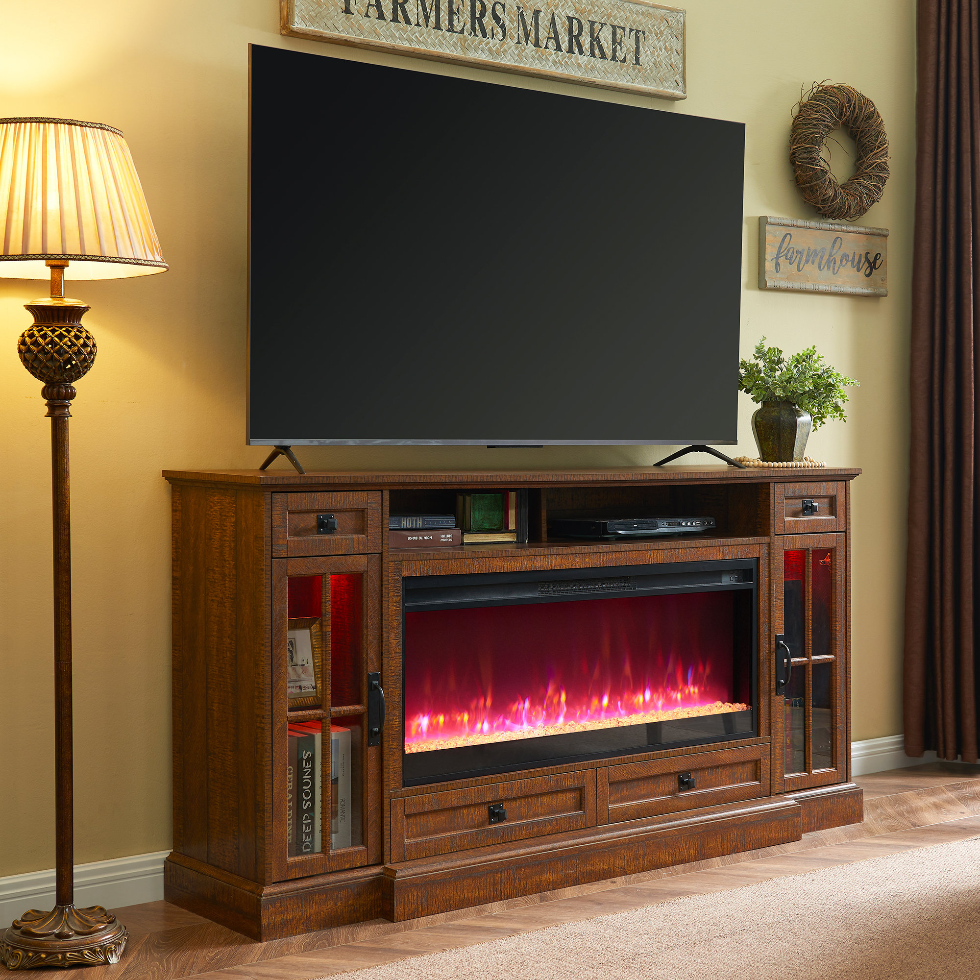 Orren Ellis Biggsville Highboy Adjustable Shelves TV Stand For Tvs Up To  70 With 42 Electric Fireplace Included For Living Room | Wayfair