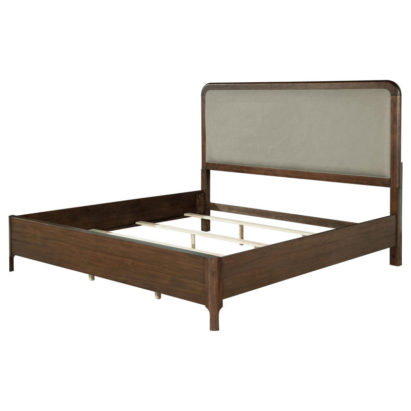 Rie Bed, Taupe Grey Headboard, Walnut Brown Wood, Grand