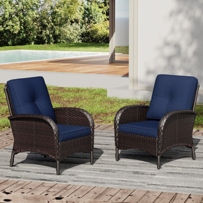 All-Weather PE Wicker Outdoor Patio Chairs with 4" Blue Cushions(Set of 2)