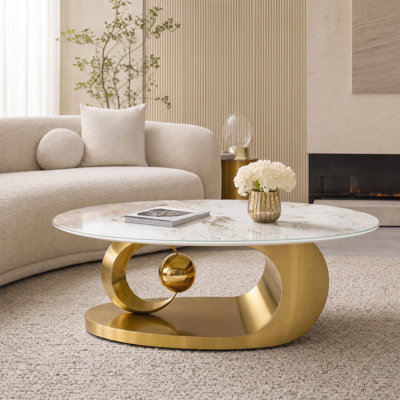 Table basse en acier inoxydable poli 201, table basse ovale en faux marbre et verre, table centrale sculpturale de luxe, table basse de salon artistique moderne, table d'appoint à cadre doré