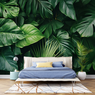 Lush Tropical Monstera Leaf Wallpaper – Dark Green Jungle Foliage, Vibrant Palm And Philodendron Leaves, Nature Wall Mural For Exotic Interior Style