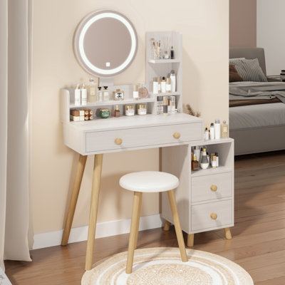 Table de coiffeuse miroir avec tabouret, miroir rond à DEL, 2 prises de courant et 2 prises USB