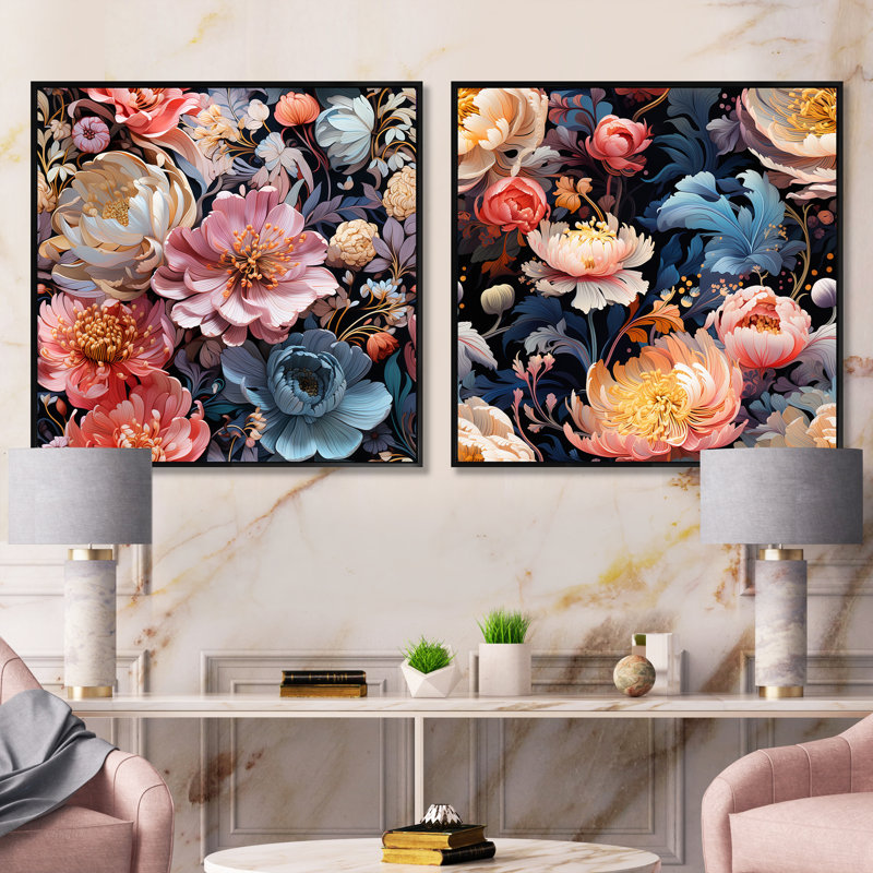 Livio - Ensemble de 2 collages carrés floraux, Cadre flottant noir, H 16 po x l 33 po