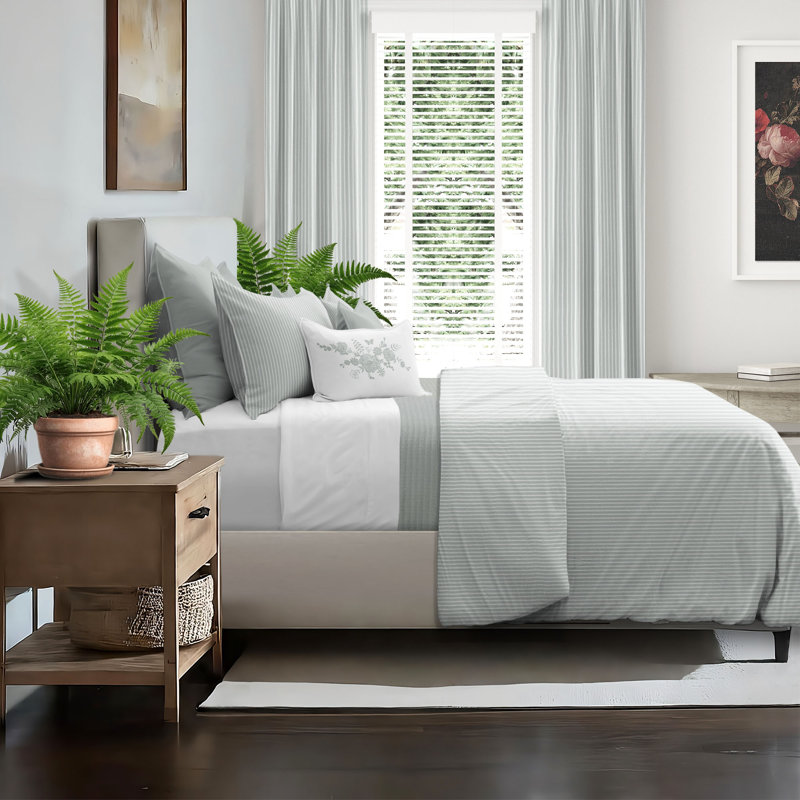 Ruben Stripe Reversible Cotton Comforter Set, Queen Comforter + 2 Queen Shams, Sage