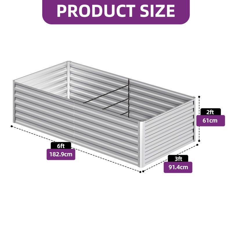 Galvanized Raised Garden Bed With Gloves, 24" H x 72" W x 36" D, Silver