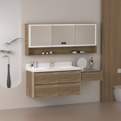 Ensemble de meuble-lavabo mural 72 po avec plateau en pierre reconstituée et armoire de rangement modulaire
