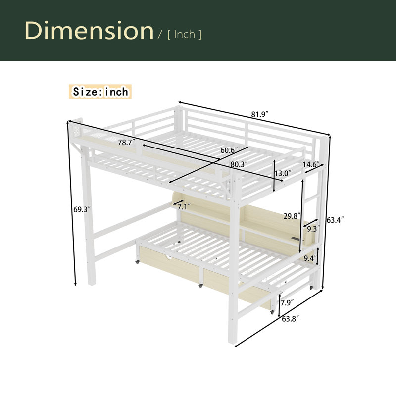 Lits superposés avec ports USB et lumières DEL, lit inférieur qui peut être converti en canapé, Grand sur grand, Blanc
