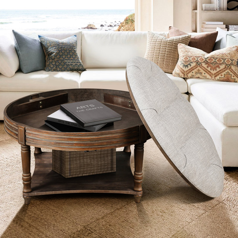 Table basse ronde pour espace de vie - Lin, tablette en bois, rangement classique imperméable gris, pieds, Noyer, Gris clair