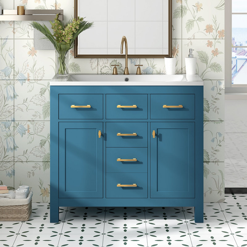 Ensemble de meuble-lavabo 36 po avec lavabo en résine 36 po, armoire de salle de bain simple autoportante moderne avec 4 tiroirs et 2 armoires, meuble de rangement pour la salle de bain, ensemble de meuble-lavabo avec cadre en bois massif (identique à S