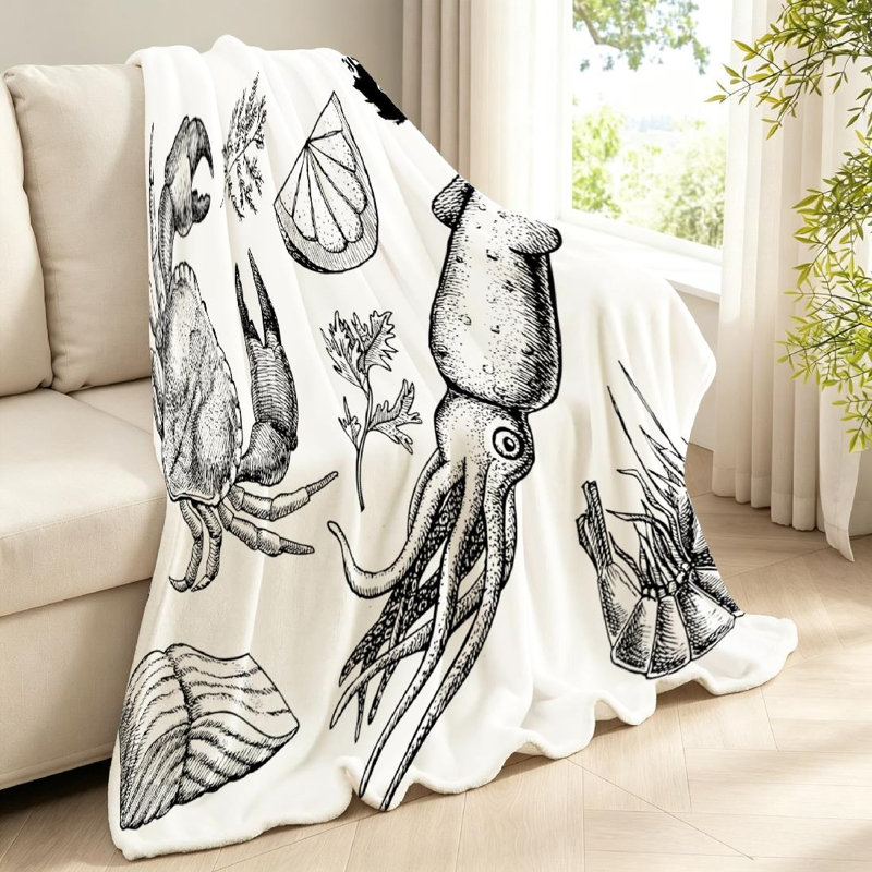 Jeté en flanelle bleue ultra douce, ensemble de fruits de mer dessinés à la main, impression d'un côté, Throw 40" x 50"