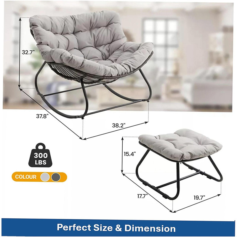 Fauteuil à bascule gris clair avec repose-pieds, fauteuil en osier et coussins résistants aux intempéries, Gris clair