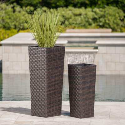 Ensemble de 2 pots à fleurs en rotin - osier en polyéthylène multi-branches + structure en fer, 2 tailles sans assemblage