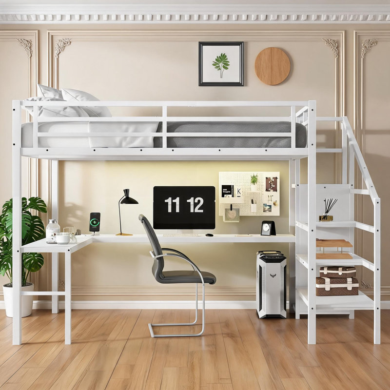 Lit mezzanine haute avec rangement intégré pour chambre à coucher, grand lit en métal blanc classique avec bureau en L et garde-robe intégré
