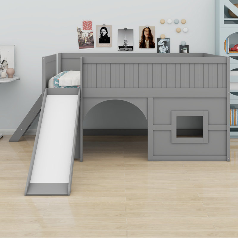 Lit mezzanine à profil bas avec glissade et tablettes, Gris