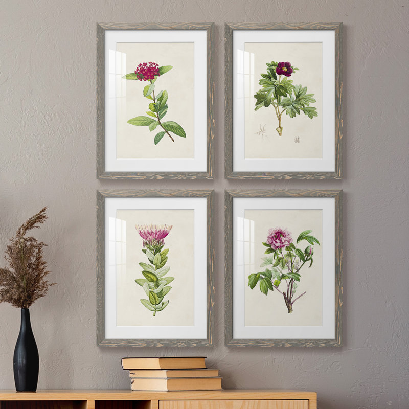 Pretty Pink Botanicals II - ensemble de 4 reproductions de cadres photo, H 24 po x l 72 po x P 1,5 po, Gris