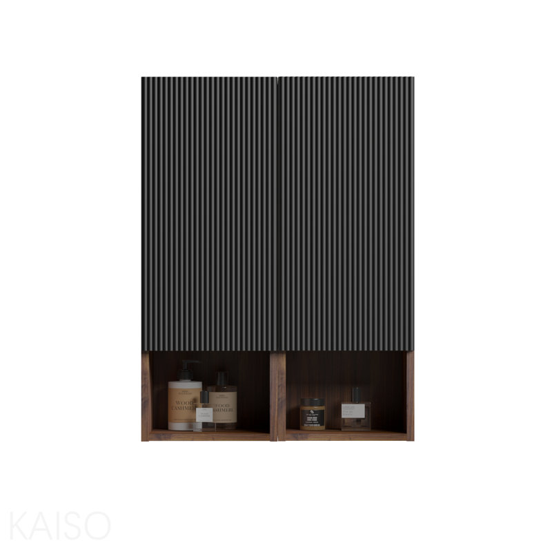 Mid-Century Black Fluted Wall Cabinet with Walnut Accents