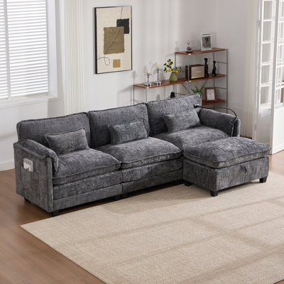 112" Modern Upholstery Sofa with Movable Storage Ottoman, Phone Holder, USB Charging Port 