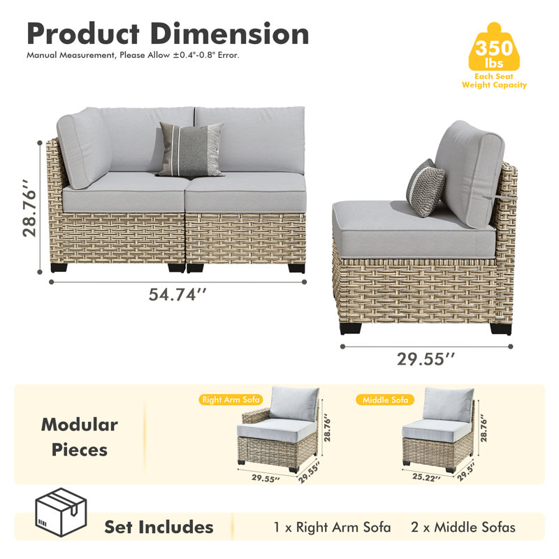 3-Piece Wicker Modular Patio Conversation Set With Cushions, Gray