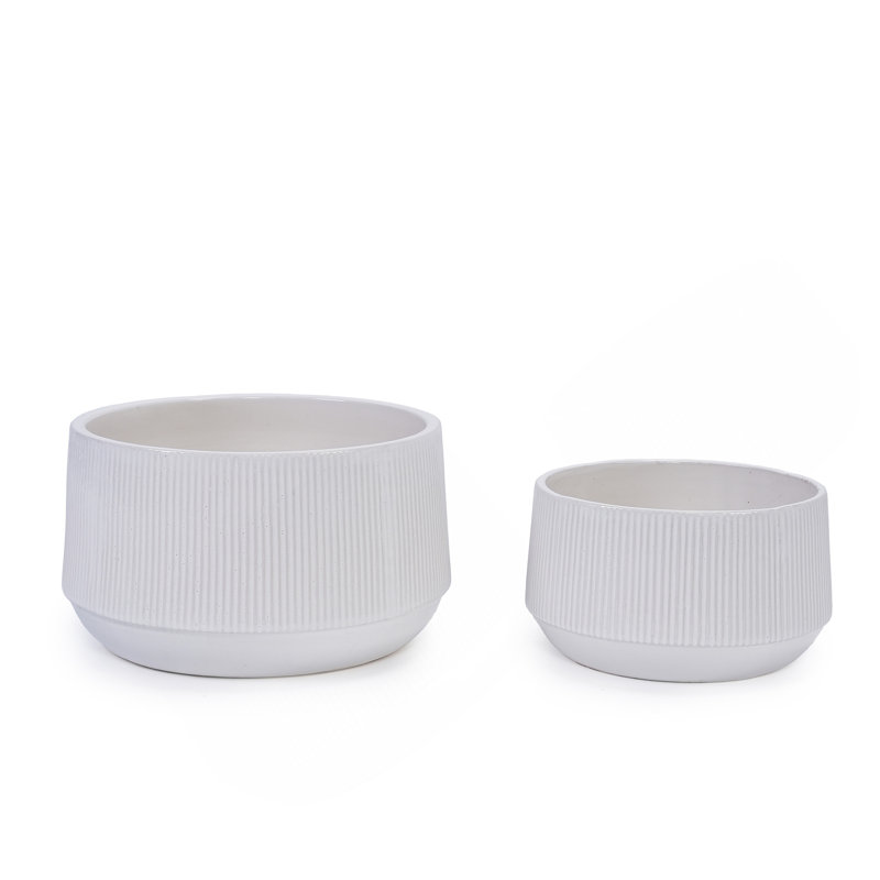 Ensemble de pots à fleurs en céramique fait à la main de 2, 11 po et 8 po de diamètre, blanc avec faîtage vertical
